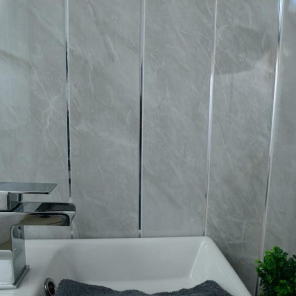 Dark Grey Stone Marble & Twin Chrome Strip Bathroom Wall Panels PVC 5mm Thick Cladding 2.6m x 250mm - Claddtech