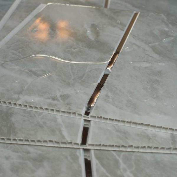 Dark Grey Stone Marble & Twin Chrome Strip Bathroom Wall Panels PVC 5mm Thick Cladding 2.6m x 250mm - Claddtech