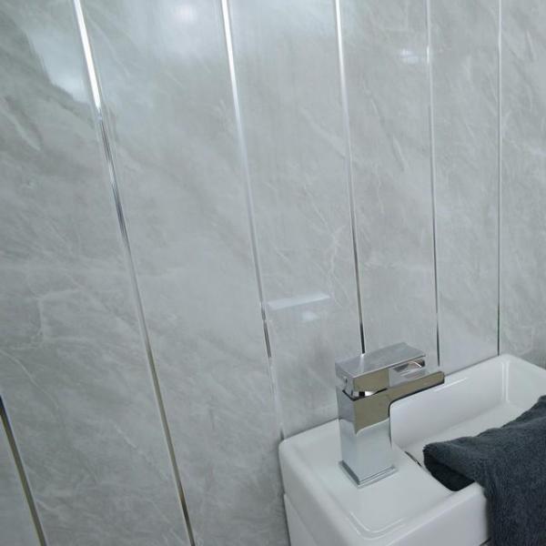Grey Marble & Twin Chrome Strip Bathroom Wall Panels PVC 8mm Thick Cladding 2.6m x 250mm - Claddtech