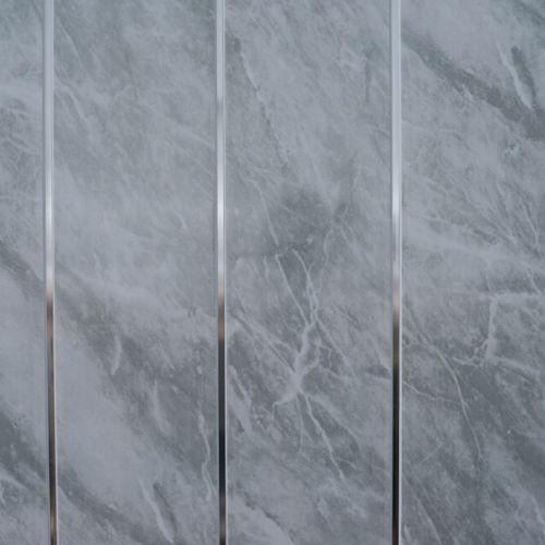 Grey Marble & Twin Chrome Strip Bathroom Wall Panels PVC 8mm Thick Cladding 2.6m x 250mm - Claddtech