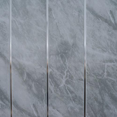 Dark Grey Stone Marble & Twin Chrome Strip Bathroom Wall Panels PVC 5mm Thick Cladding 2.6m x 250mm - Claddtech