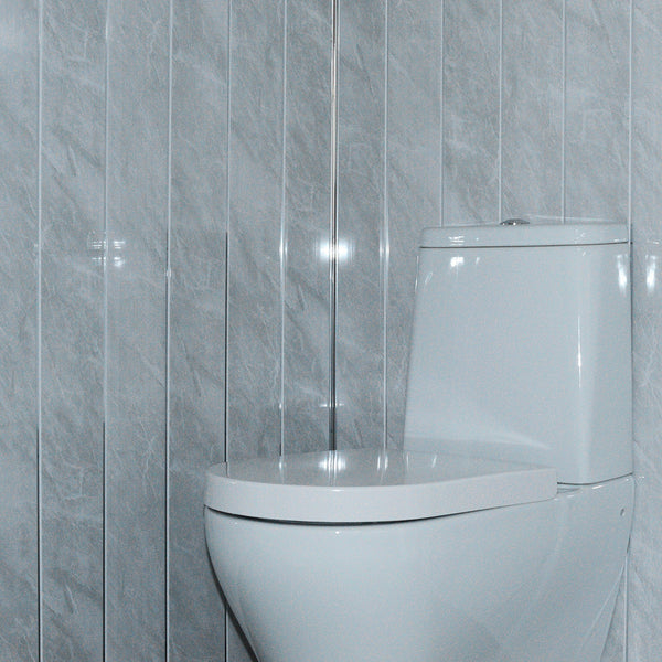 Dark Grey Stone Marble & Twin Chrome Strip Bathroom Wall Panels PVC 5mm Thick Cladding 2.6m x 250mm - Claddtech