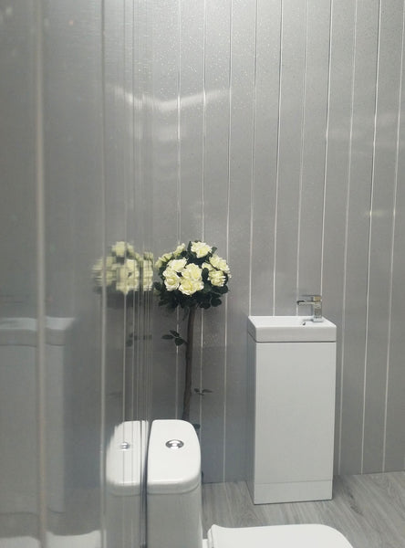 Grey Sparkle & Chrome Bathroom Wall Panels PVC 5mm Thick Cladding - Claddtech