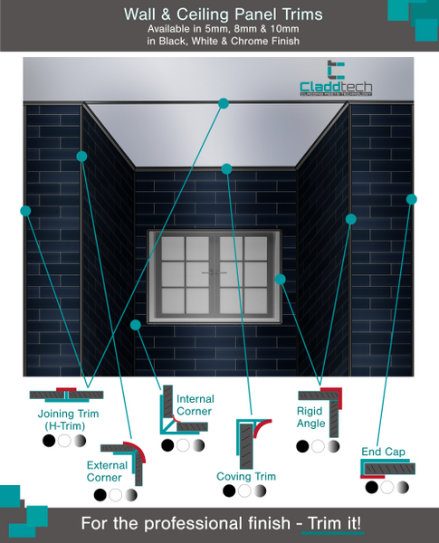Black End Cap Finishing Trim For 8mm Wall Bathroom Panels 2.6m Long - CladdTech