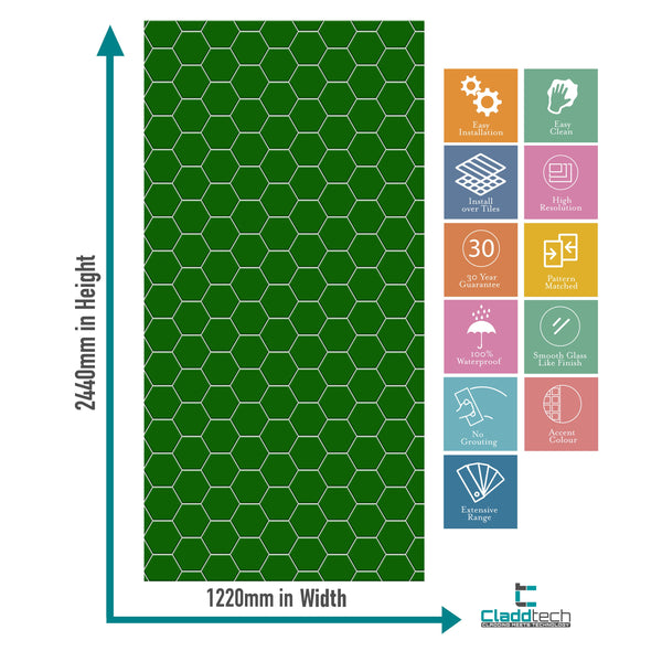 Green Hexagon Tile Acrylic Shower Wall Panel 2440mm x 1220mm (3mm Thick) - CladdTech