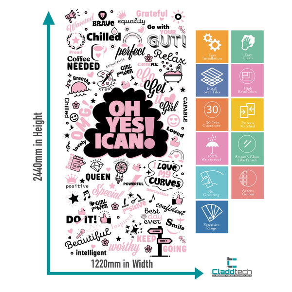 YES I CAN Affirmation Artwork Acrylic Shower Wall Panels Home Decor Wall Panels 2440mmm x 1220mm - CladdTech