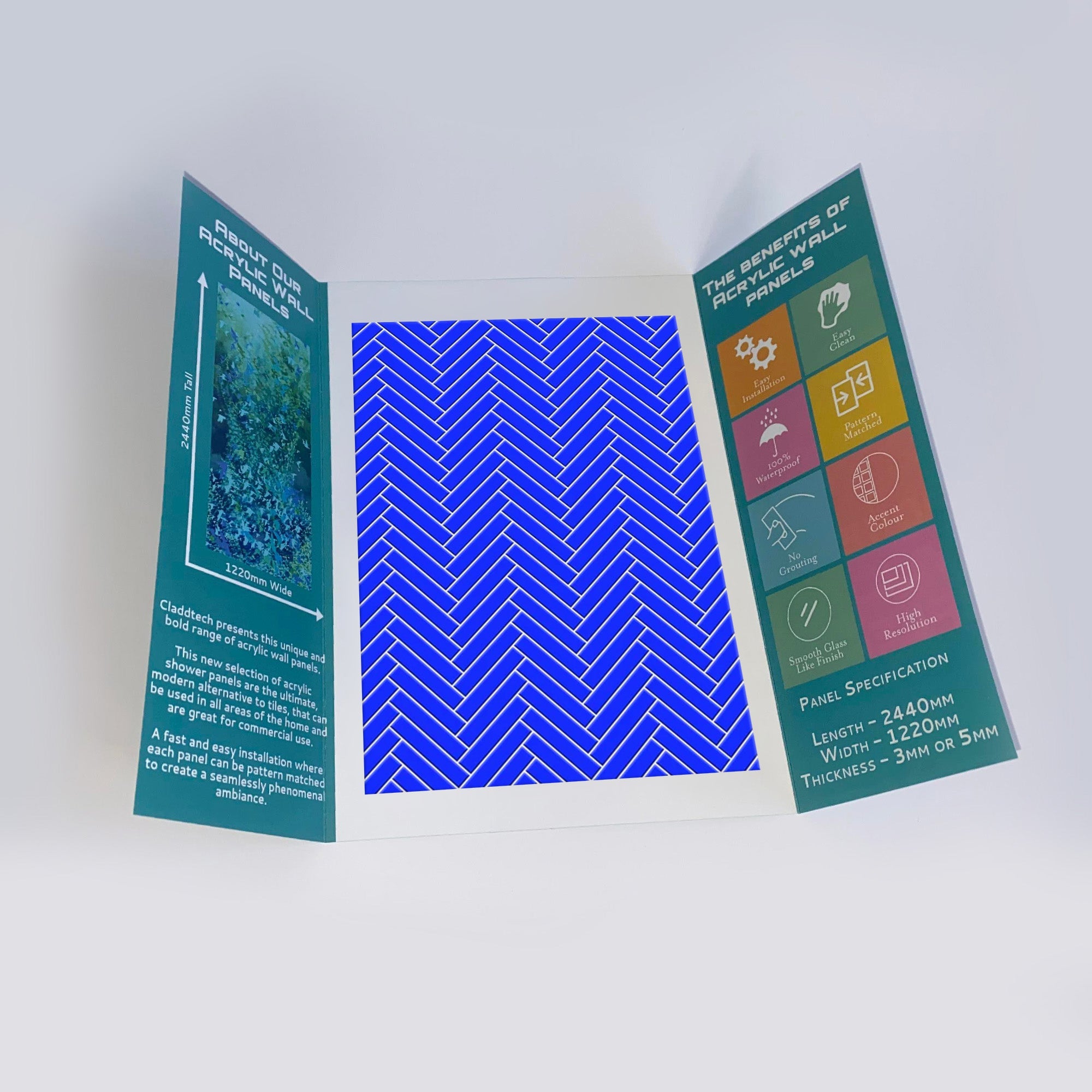 Sample of Blue Double Herringbone Tile Acrylic Shower Wall Panel 2440mm x 1220mm - CladdTech
